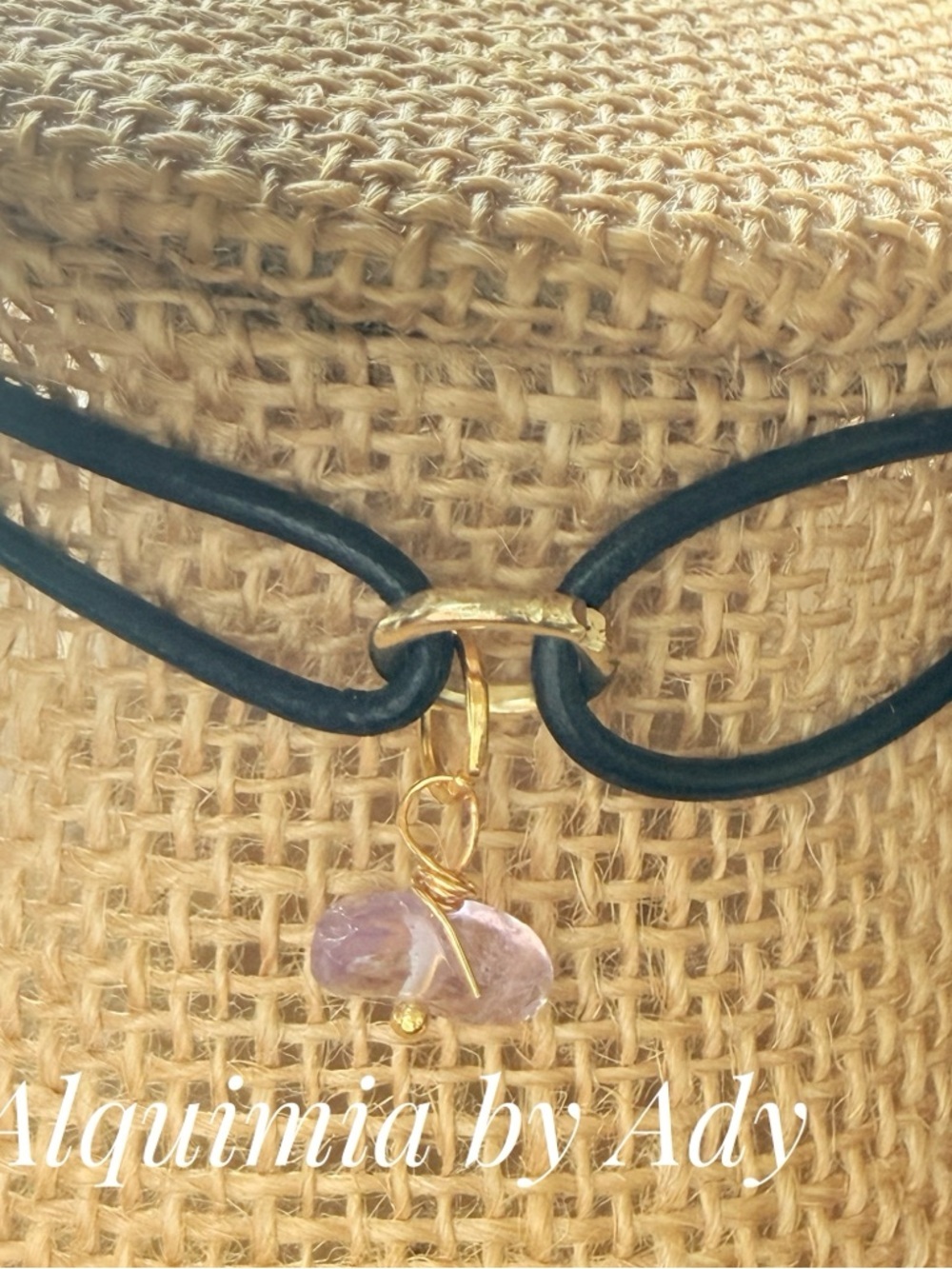 Alquimia Black Cord Necklace with Light Purple Stone and Gold Accent